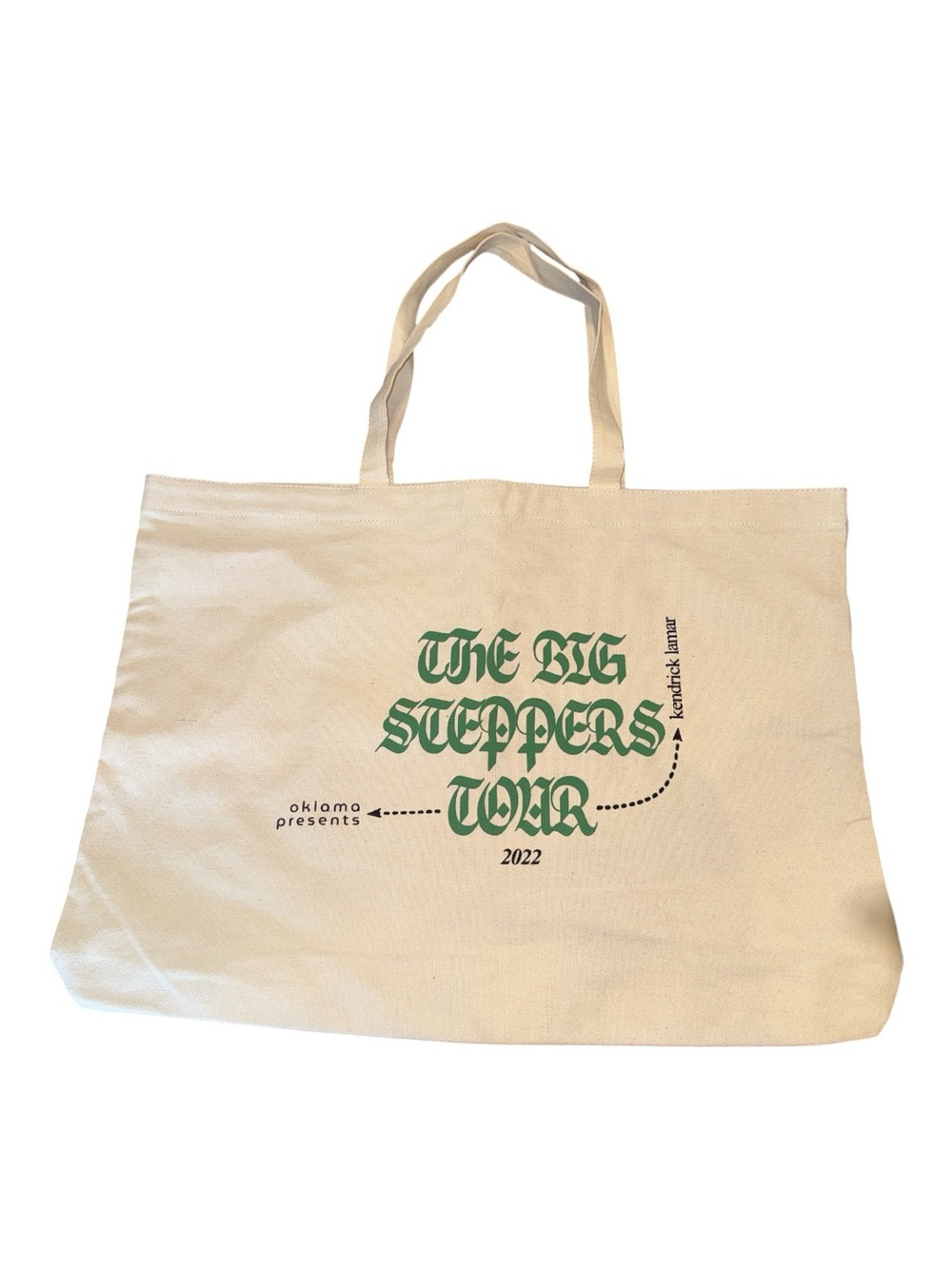 Kendrick Lamar. Cream Canvas Tote Bag with Green 'The Big Steppers Tour' Print